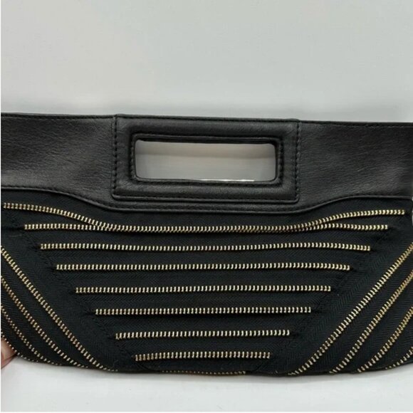BCBGMaxAzria Black Clutch Genuine Leather Trim Elegant Gold Zipper Design - Picture 8 of 11